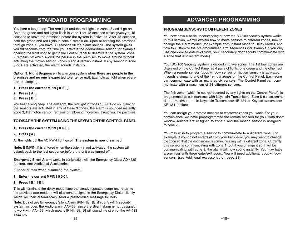Standard programming, Advanced programming | Skylink TOTAL PROTECTION SC-100 User Manual | Page 14 / 16