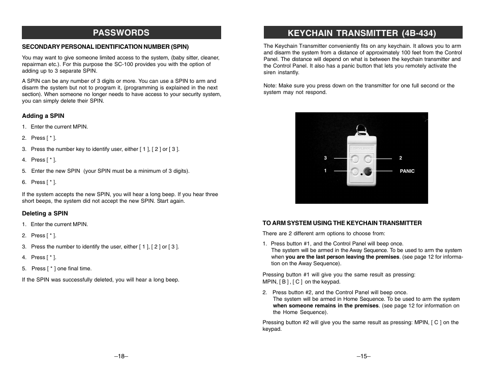 Keychain transmitter (4b-434), Passwords | Skylink TOTAL PROTECTION SC-100 User Manual | Page 15 / 16