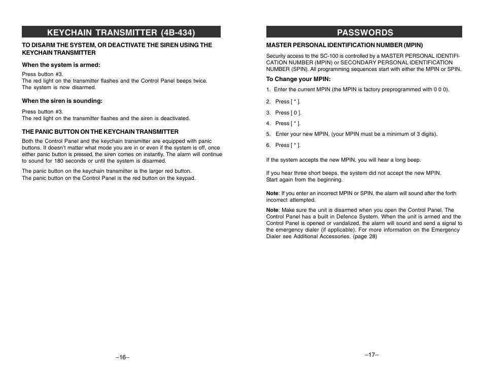 Keychain transmitter (4b-434), Passwords | Skylink TOTAL PROTECTION SC-100 User Manual | Page 16 / 16
