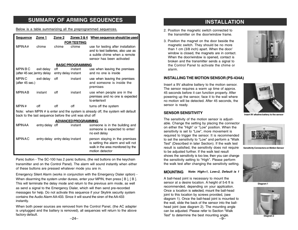 Installation, Summary of arming sequences | Skylink TOTAL PROTECTION SC-100 User Manual | Page 9 / 16