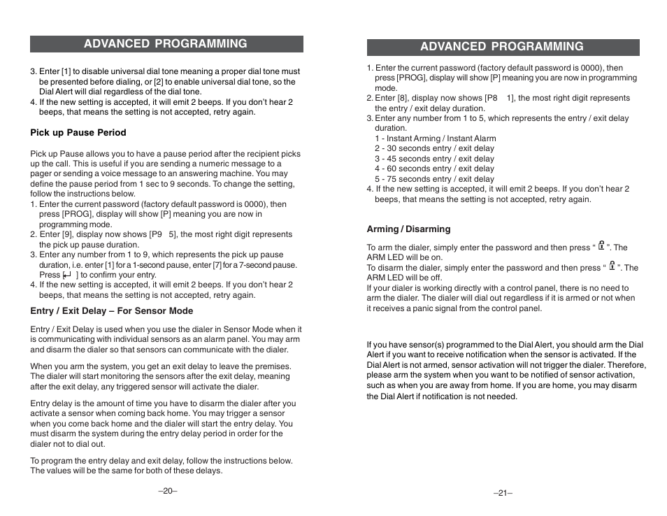 Advanced programming | Skylink DIAL-ALERT AD-105 User Manual | Page 11 / 14