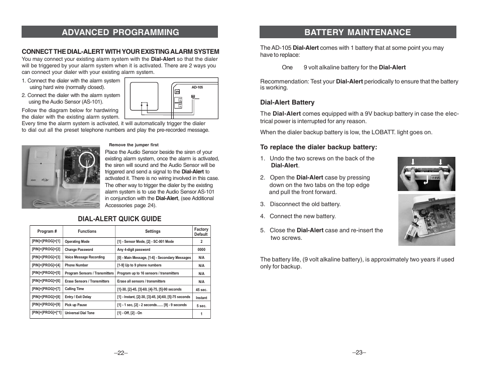 Advanced programming, Battery maintenance, Dial-alert quick guide | Dial-alert battery | Skylink DIAL-ALERT AD-105 User Manual | Page 12 / 14