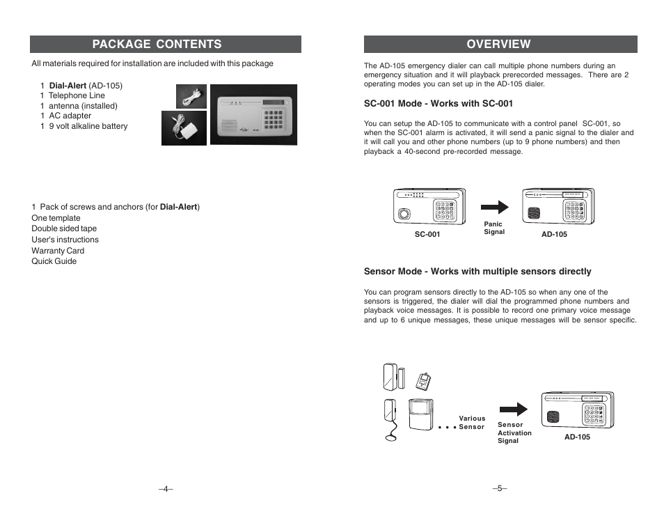 Package contents, Overview | Skylink DIAL-ALERT AD-105 User Manual | Page 3 / 14