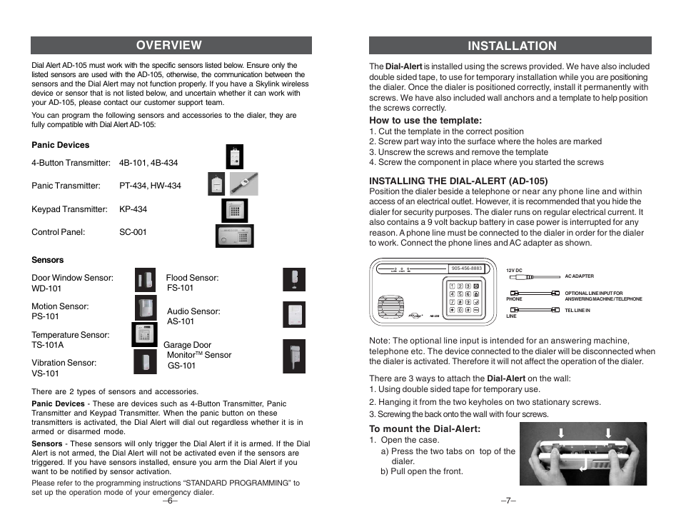 Overview, Installation | Skylink DIAL-ALERT AD-105 User Manual | Page 4 / 14