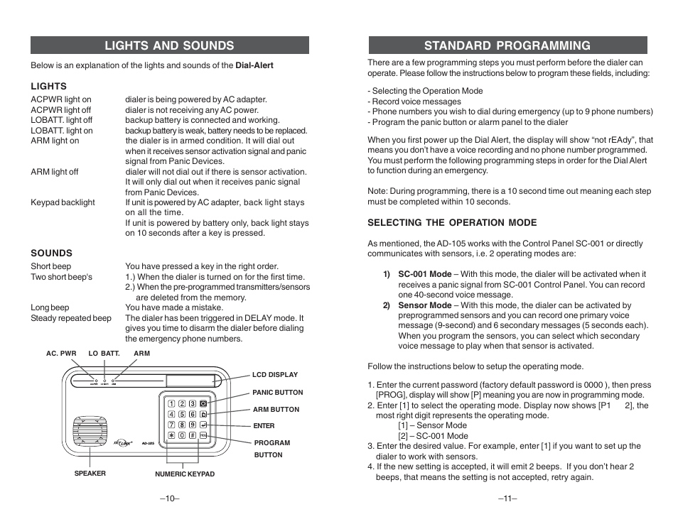 Lights and sounds, Standard programming | Skylink DIAL-ALERT AD-105 User Manual | Page 6 / 14