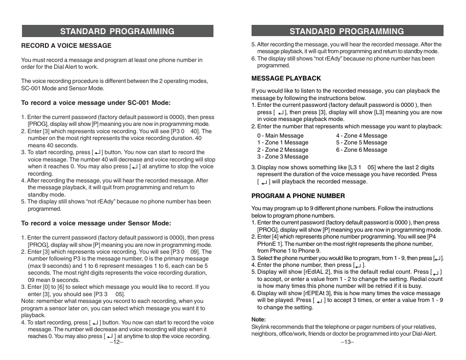 Standard programming | Skylink DIAL-ALERT AD-105 User Manual | Page 7 / 14