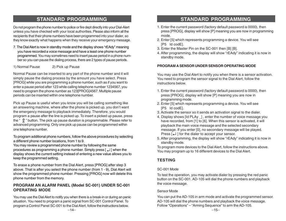 Standard programming | Skylink DIAL-ALERT AD-105 User Manual | Page 8 / 14