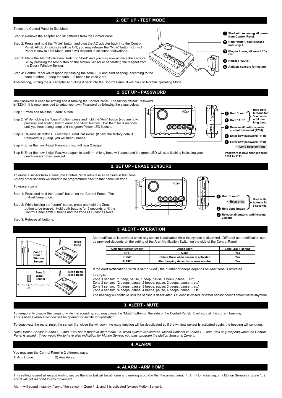 Set up - test mode, Set up - password, Set up - erase sensors | Alert - operation, Alert - mute 4. alarm, Alarm - arm home | Skylink MA-103 User Manual | Page 2 / 4