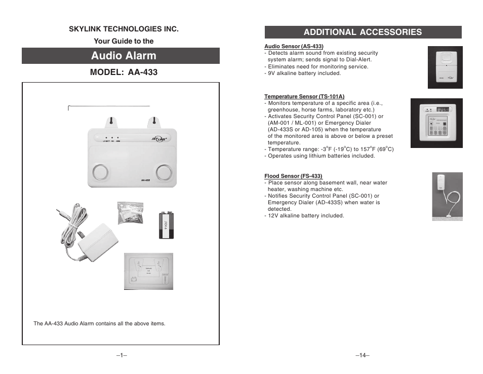 Audio alarm, Model: aa-433, Additional accessories | Skylink AA-433 User Manual | Page 2 / 8