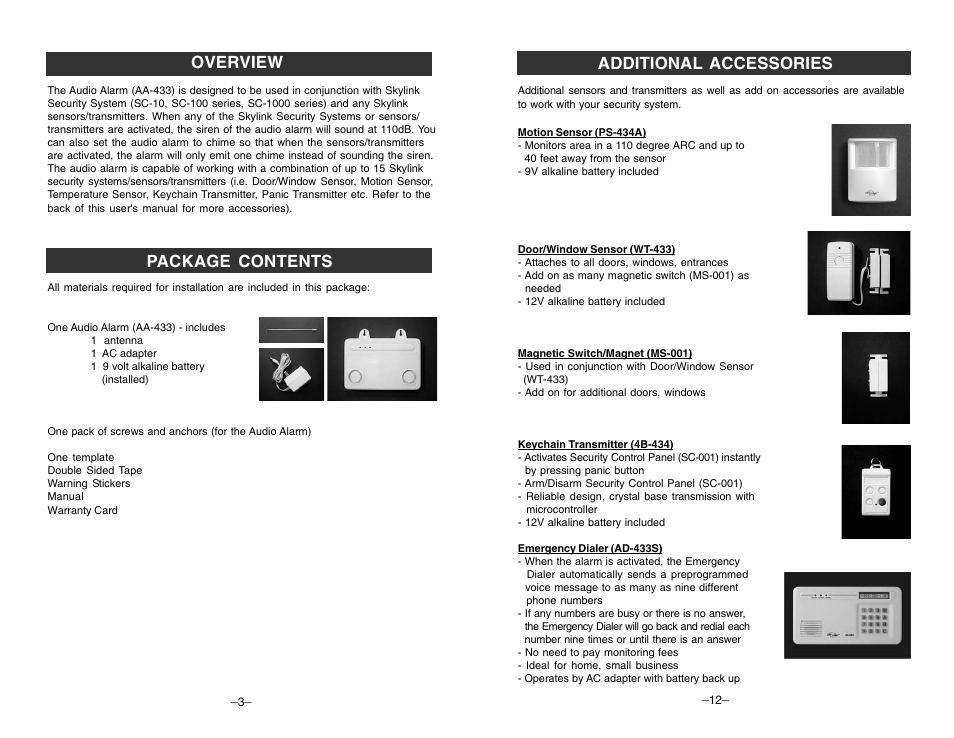 Package contents overview additional accessories | Skylink AA-433 User Manual | Page 4 / 8