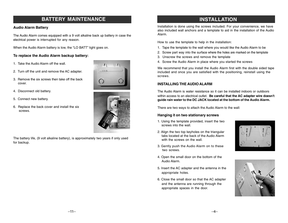 Installation, Battery maintenance | Skylink AA-433 User Manual | Page 5 / 8