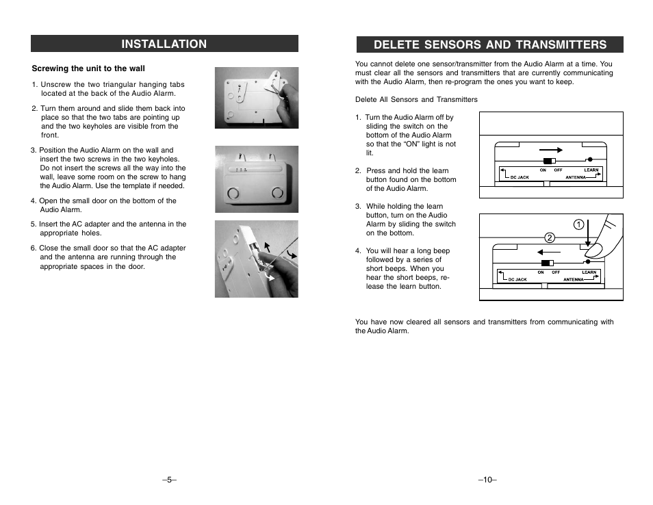 Delete sensors and transmitters, Installation | Skylink AA-433 User Manual | Page 6 / 8
