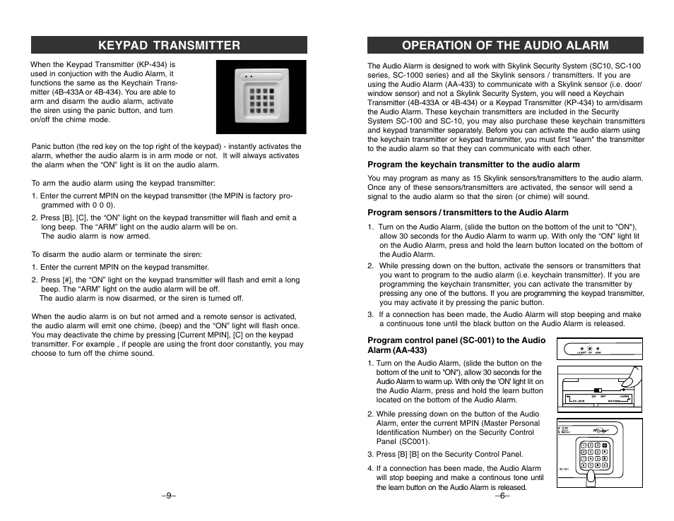 Operation of the audio alarm, Keypad transmitter | Skylink AA-433 User Manual | Page 7 / 8