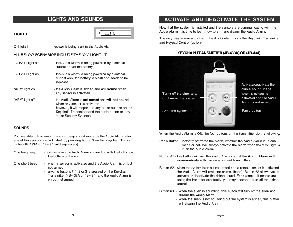 Activate and deactivate the system, Lights and sounds | Skylink AA-433 User Manual | Page 8 / 8