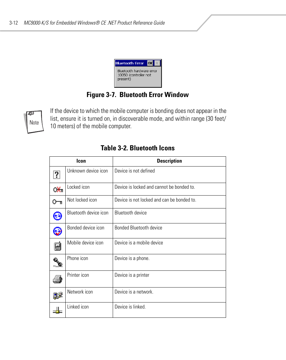 Figure 3-7, Table 3-2, Figure 3-7. bluetooth error window | Table 3-2. bluetooth icons | Symbol Technologies MC9000-K User Manual | Page 104 / 534
