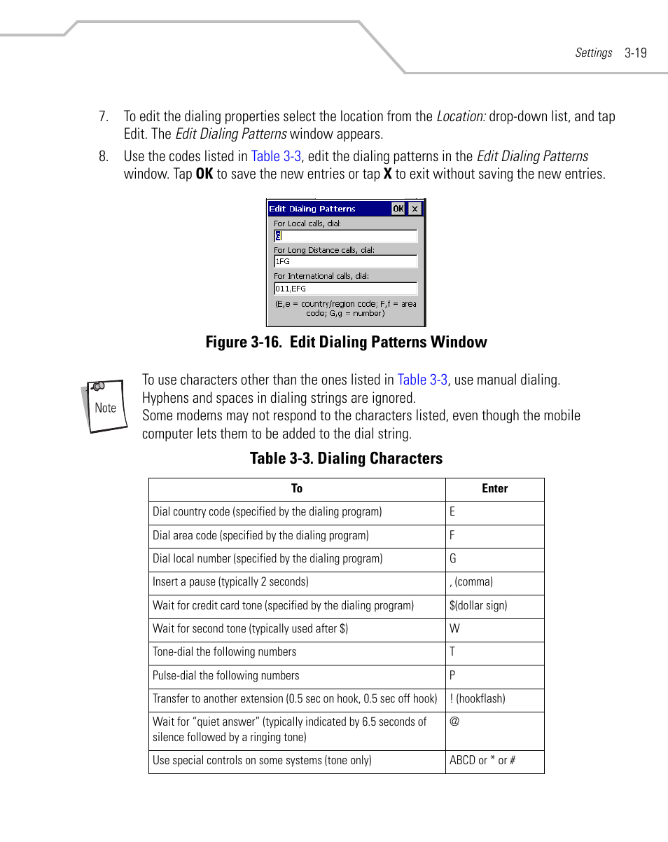 Figure 3-16. edit dialing patterns window, Table 3-3. dialing characters | Symbol Technologies MC9000-K User Manual | Page 111 / 534