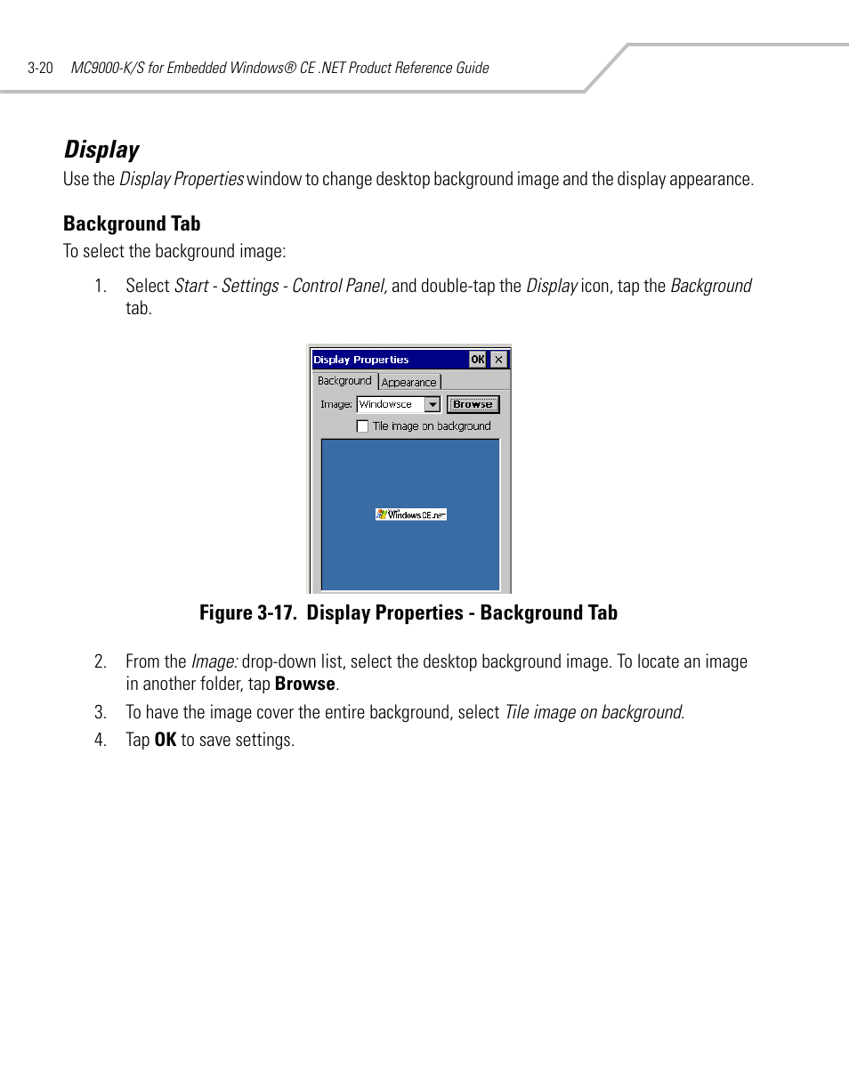 Display, Background tab, Display -20 | Background tab -20 | Symbol Technologies MC9000-K User Manual | Page 112 / 534