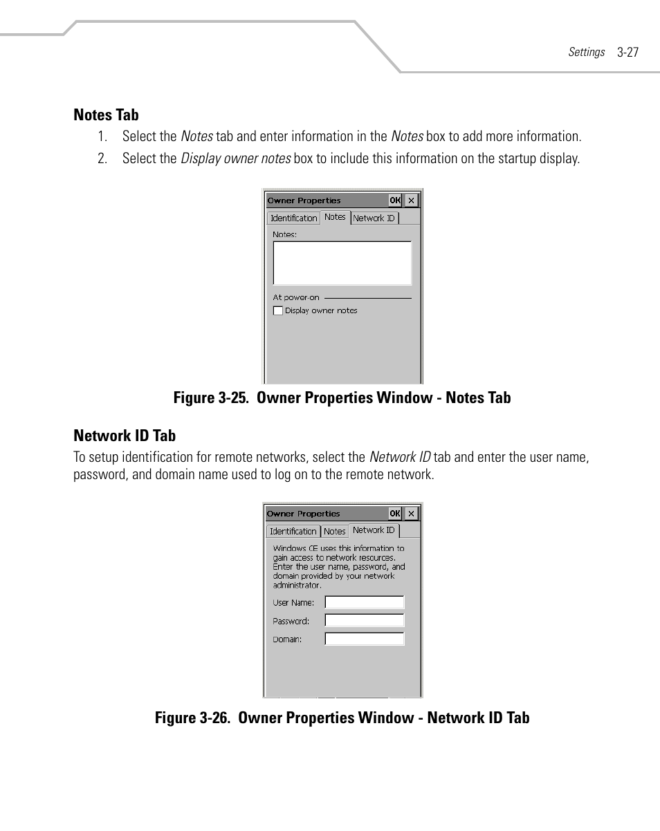 Notes tab, Network id tab, Notes tab -27 network id tab -27 | Symbol Technologies MC9000-K User Manual | Page 119 / 534