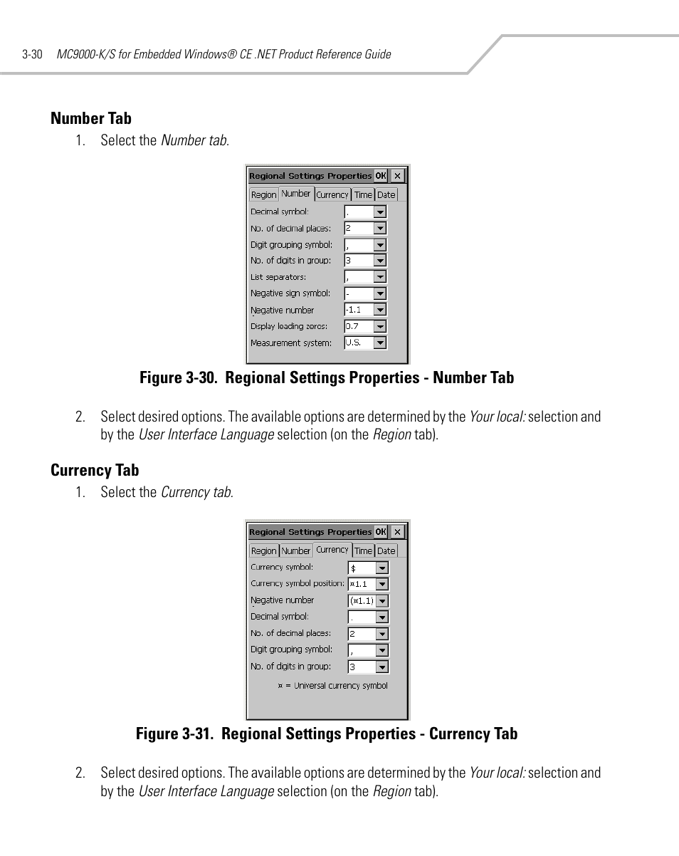 Number tab, Currency tab, Number tab -30 currency tab -30 | Symbol Technologies MC9000-K User Manual | Page 122 / 534