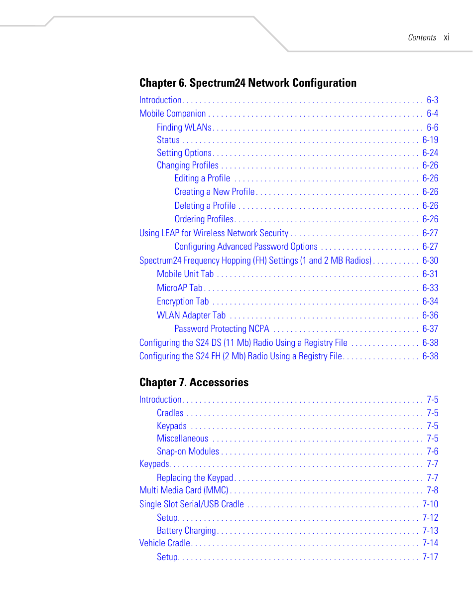 Chapter 6. spectrum24 network configuration, Chapter 7. accessories | Symbol Technologies MC9000-K User Manual | Page 13 / 534