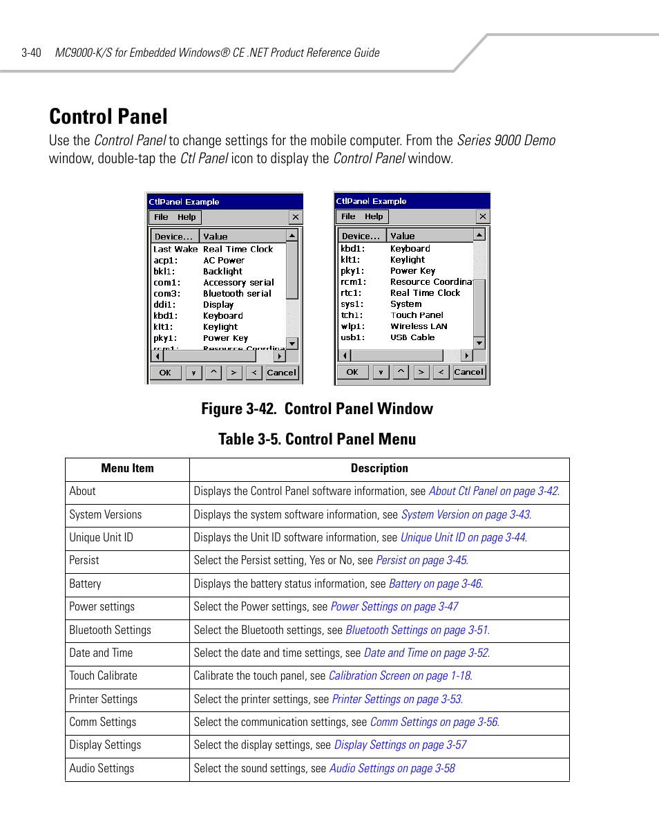Control panel, Control panel -40, Nu, see | Menu (see, Table | Symbol Technologies MC9000-K User Manual | Page 132 / 534