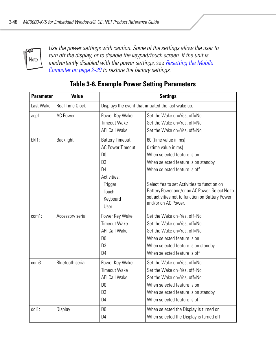 Table 3-6. example power setting parameters | Symbol Technologies MC9000-K User Manual | Page 140 / 534