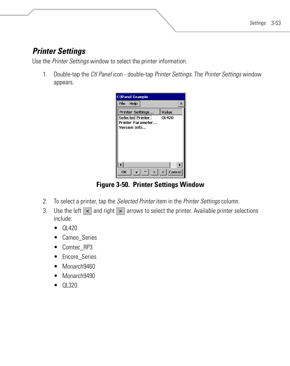 Printer settings, Printer settings -53 | Symbol Technologies MC9000-K User Manual | Page 145 / 534