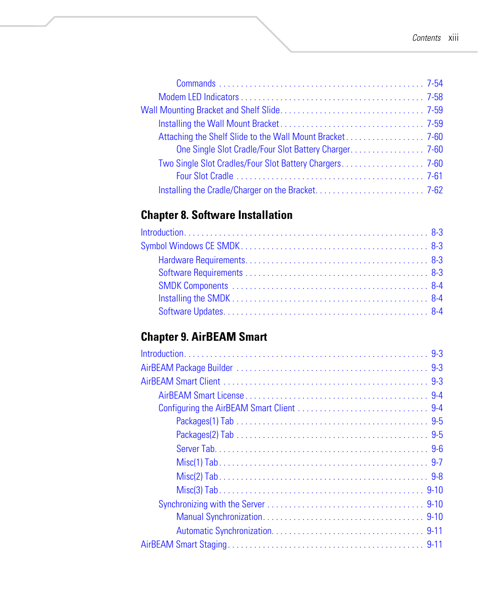 Chapter 8. software installation, Chapter 9. airbeam smart | Symbol Technologies MC9000-K User Manual | Page 15 / 534
