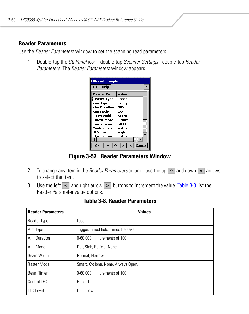 Reader parameters, Reader parameters -60, Figure 3-57. reader parameters window | Table 3-8. reader parameters | Symbol Technologies MC9000-K User Manual | Page 152 / 534