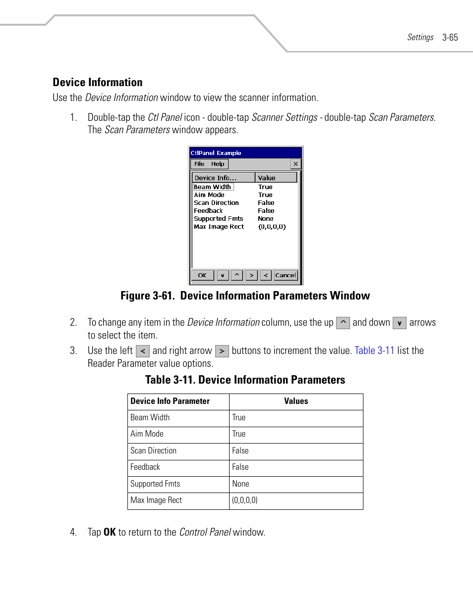 Device information, Device information -65, Figure 3-61. device information parameters window | Table 3-11. device information parameters | Symbol Technologies MC9000-K User Manual | Page 157 / 534