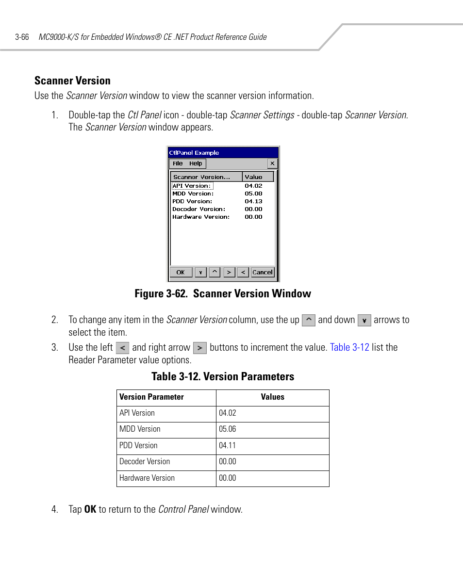 Scanner version, Scanner version -66, Figure 3-62. scanner version window | Table 3-12. version parameters | Symbol Technologies MC9000-K User Manual | Page 158 / 534