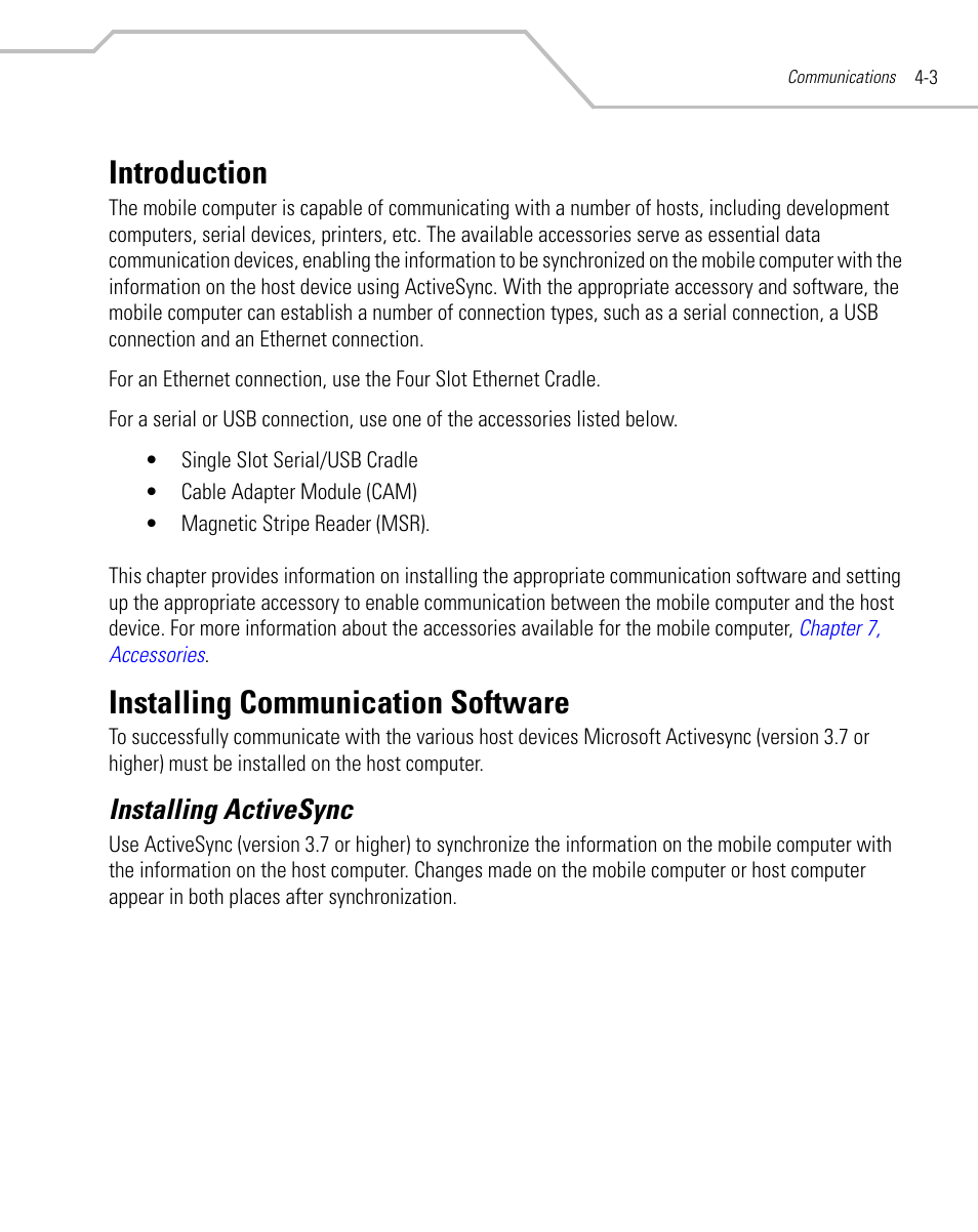 Introduction, Installing communication software, Installing activesync | Introduction -3, Installing communication software -3, Installing activesync -3 | Symbol Technologies MC9000-K User Manual | Page 161 / 534