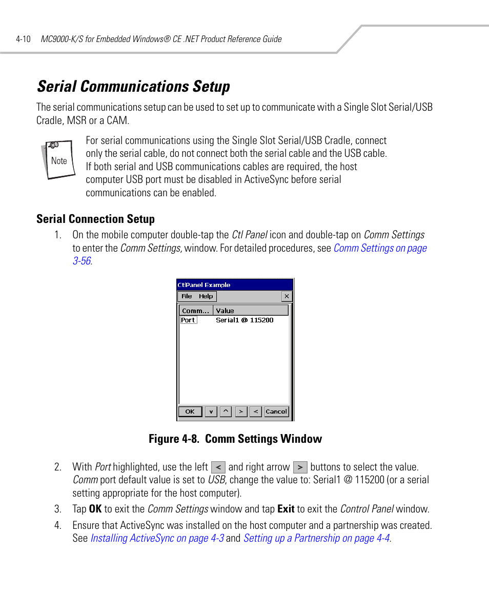 Serial communications setup, Serial connection setup, Serial communications setup -10 | Serial connection setup -10 | Symbol Technologies MC9000-K User Manual | Page 168 / 534