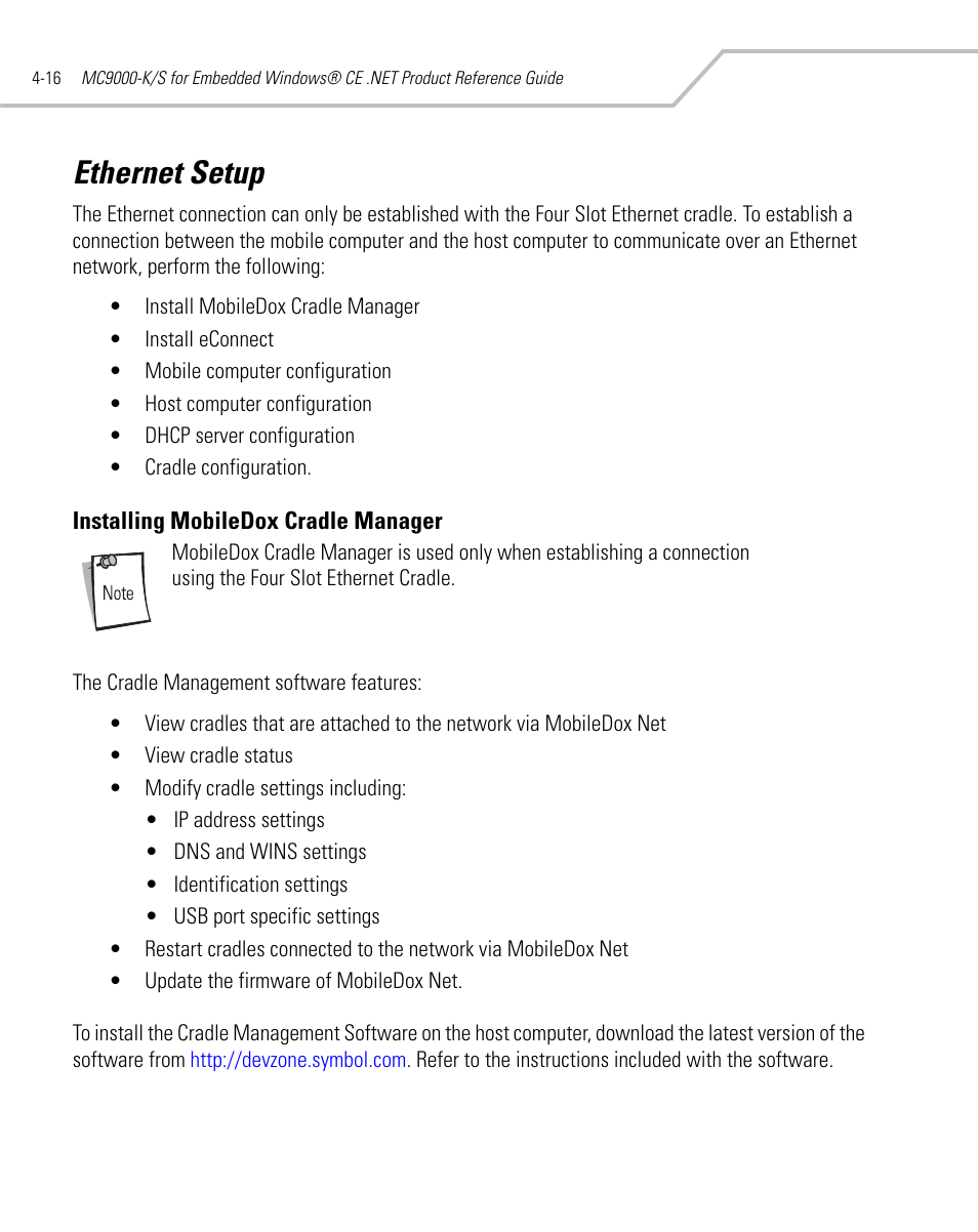 Ethernet setup, Installing mobiledox cradle manager, Ethernet setup -16 | Installing mobiledox cradle manager -16 | Symbol Technologies MC9000-K User Manual | Page 174 / 534