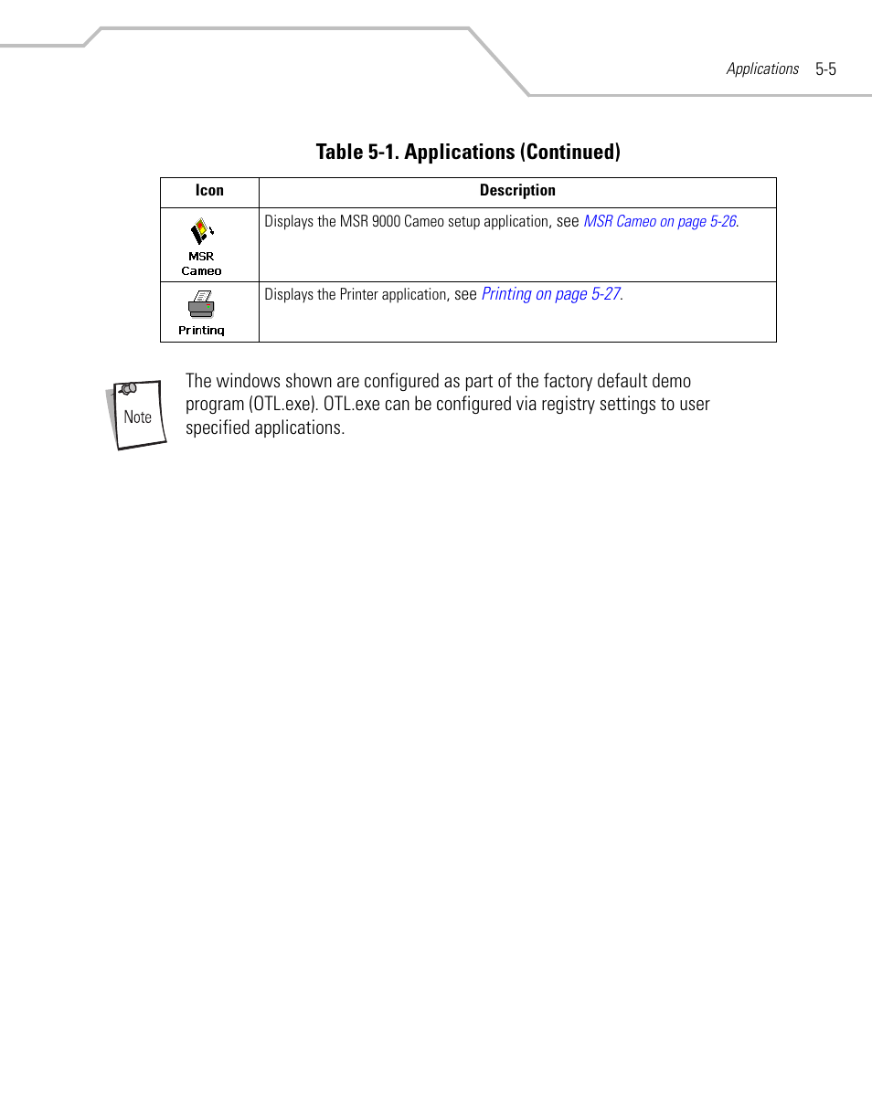 Table 5-1. applications (continued) | Symbol Technologies MC9000-K User Manual | Page 195 / 534