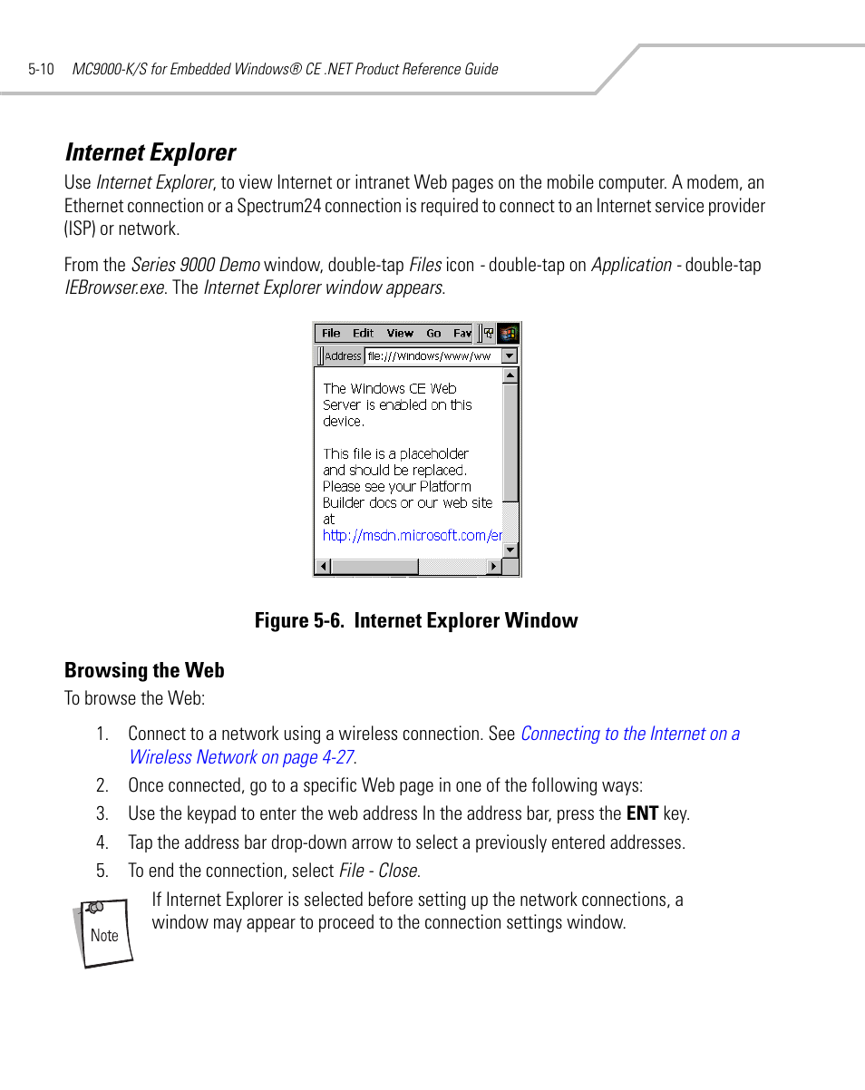 Internet explorer, Browsing the web, Internet explorer -10 | Browsing the web -10 | Symbol Technologies MC9000-K User Manual | Page 200 / 534