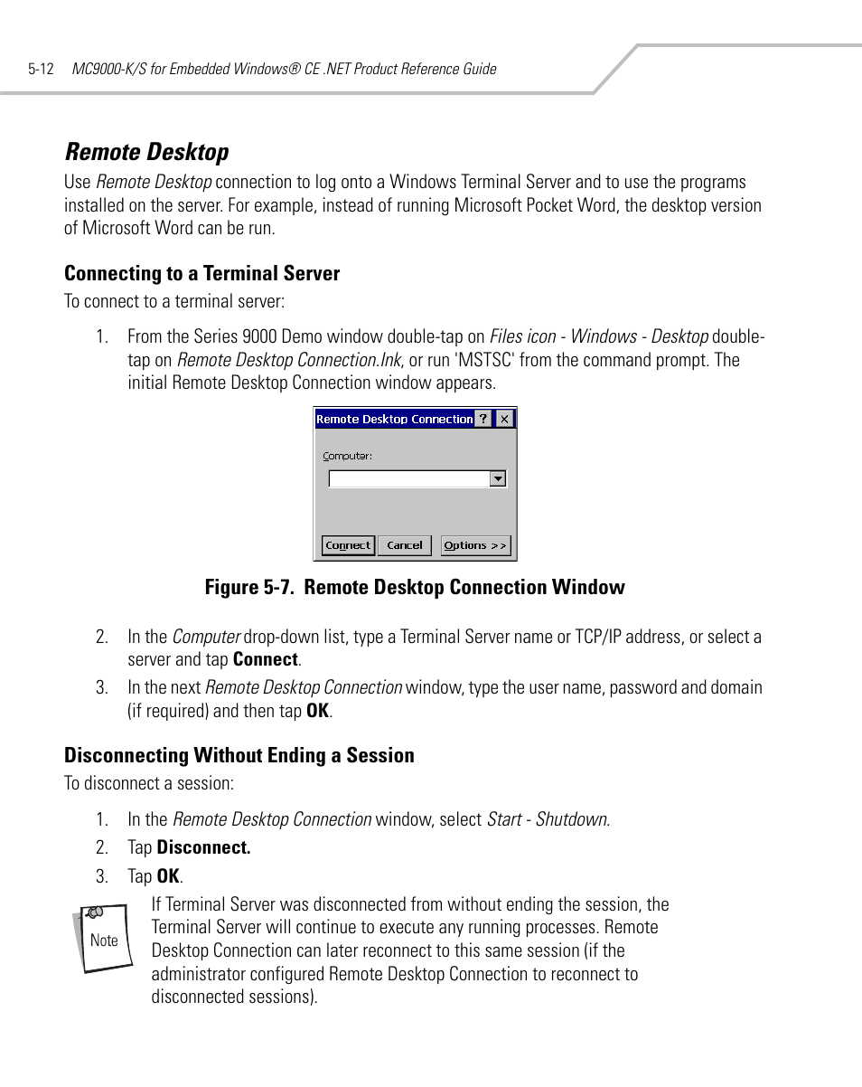 Remote desktop, Connecting to a terminal server, Disconnecting without ending a session | Remote desktop -12 | Symbol Technologies MC9000-K User Manual | Page 202 / 534