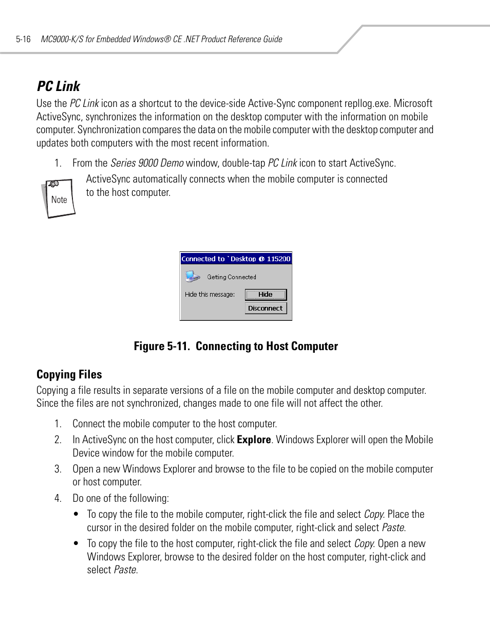 Pc link, Copying files, Pc link -16 | Copying files -16 | Symbol Technologies MC9000-K User Manual | Page 206 / 534