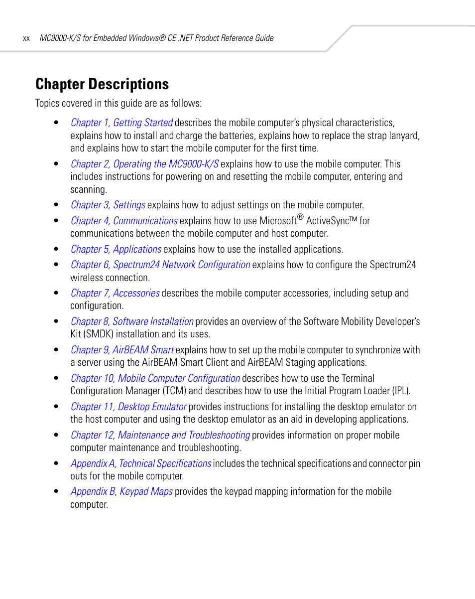 Chapter descriptions | Symbol Technologies MC9000-K User Manual | Page 22 / 534
