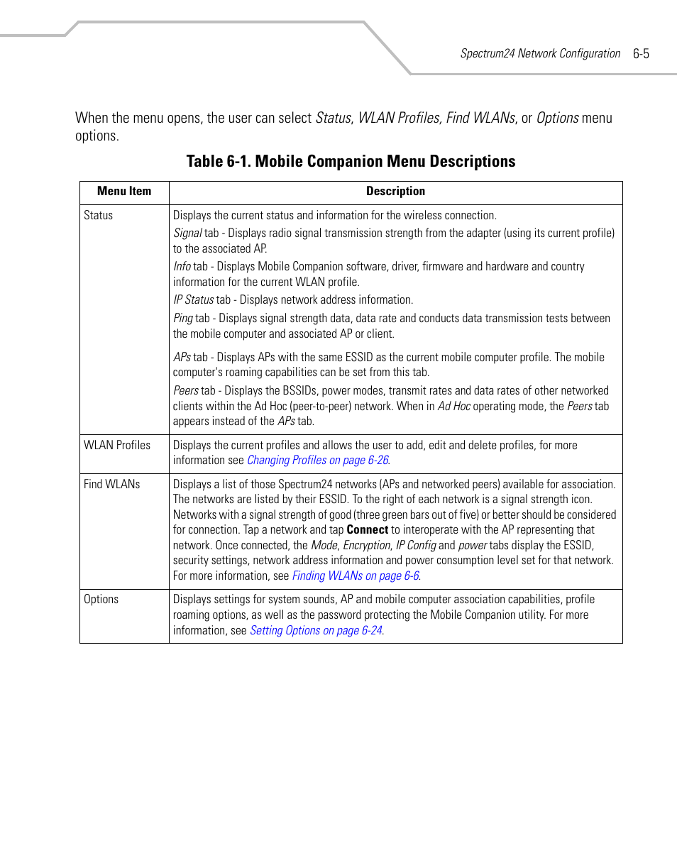 Table 6-1. mobile companion menu descriptions | Symbol Technologies MC9000-K User Manual | Page 223 / 534