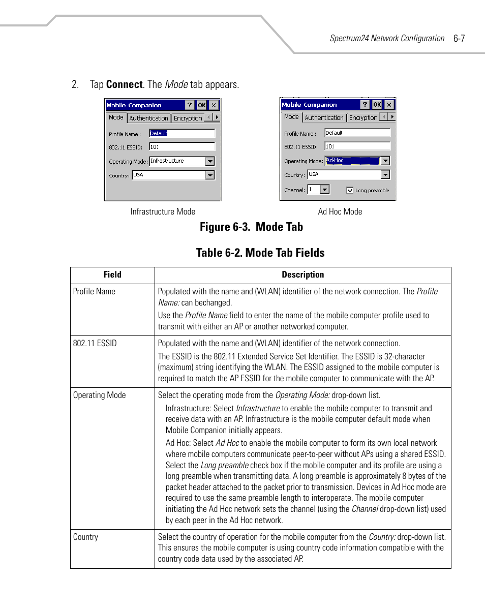 Figure 6-3. mode tab table 6-2. mode tab fields | Symbol Technologies MC9000-K User Manual | Page 225 / 534
