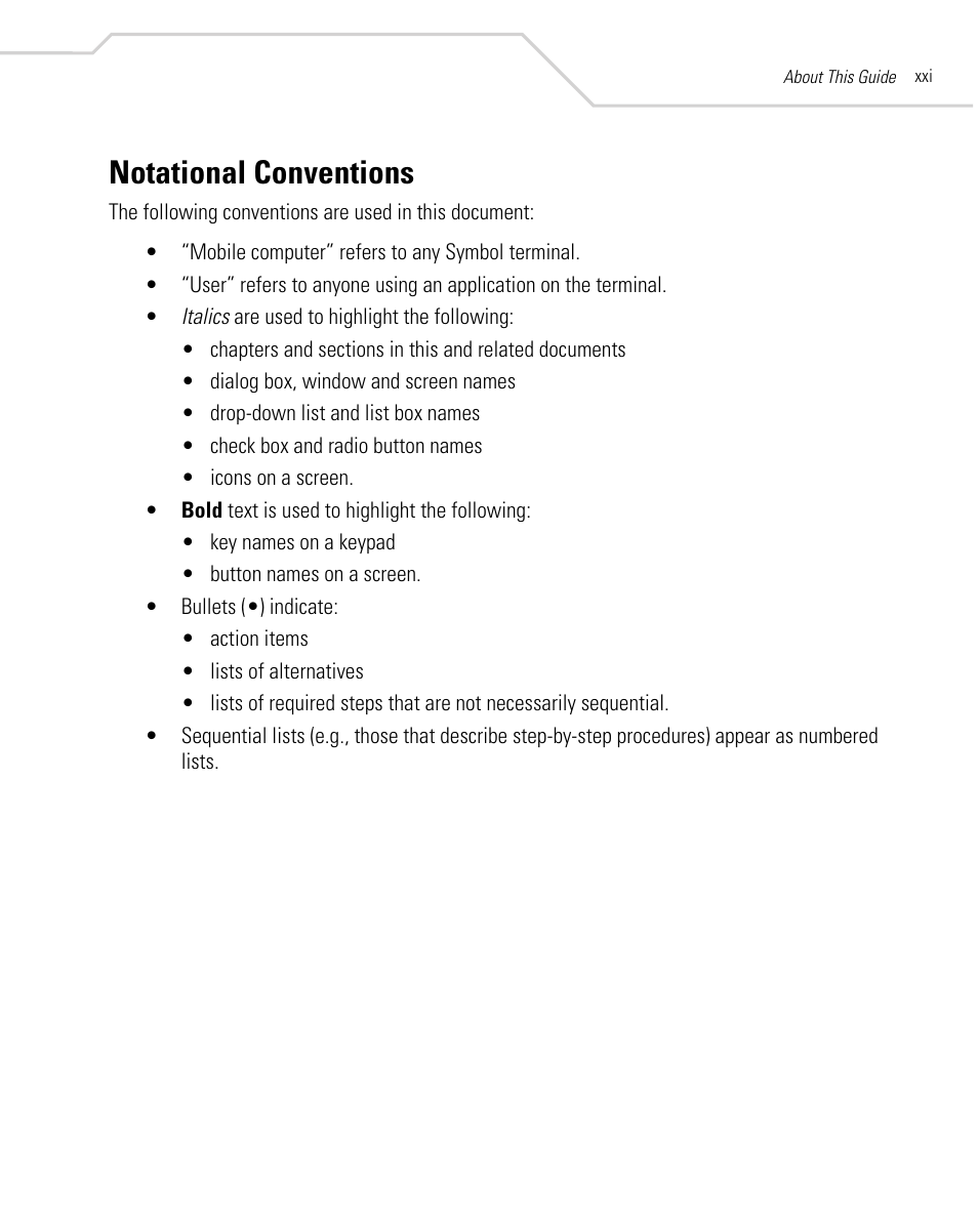 Notational conventions | Symbol Technologies MC9000-K User Manual | Page 23 / 534