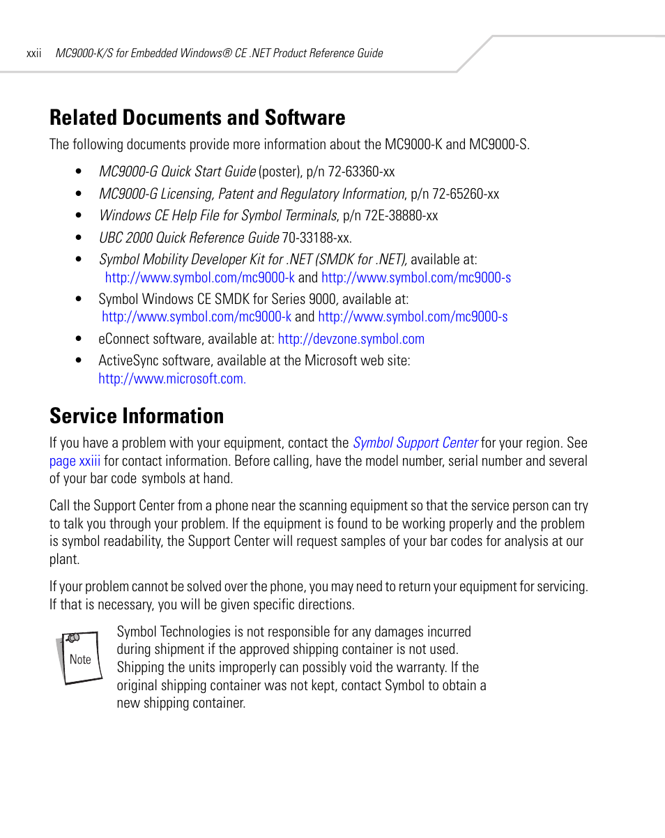 Related documents and software, Service information | Symbol Technologies MC9000-K User Manual | Page 24 / 534