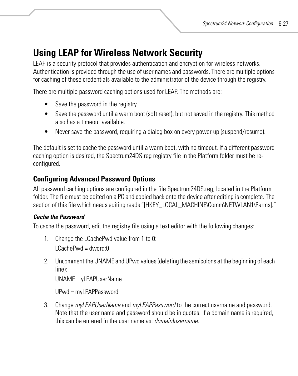 Using leap for wireless network security, Configuring advanced password options, Using leap for wireless network security -27 | Configuring advanced password options -27 | Symbol Technologies MC9000-K User Manual | Page 245 / 534