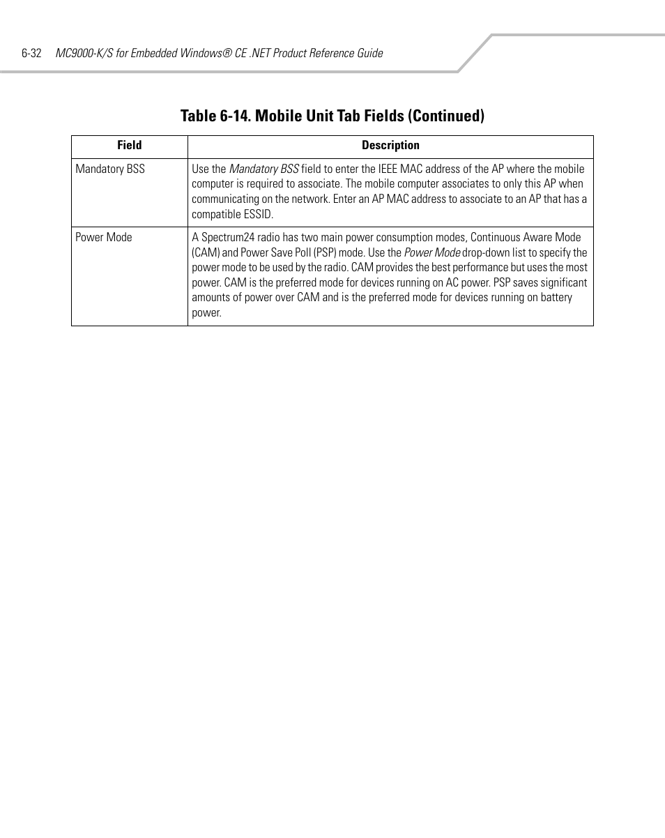 Table 6-14. mobile unit tab fields (continued) | Symbol Technologies MC9000-K User Manual | Page 250 / 534