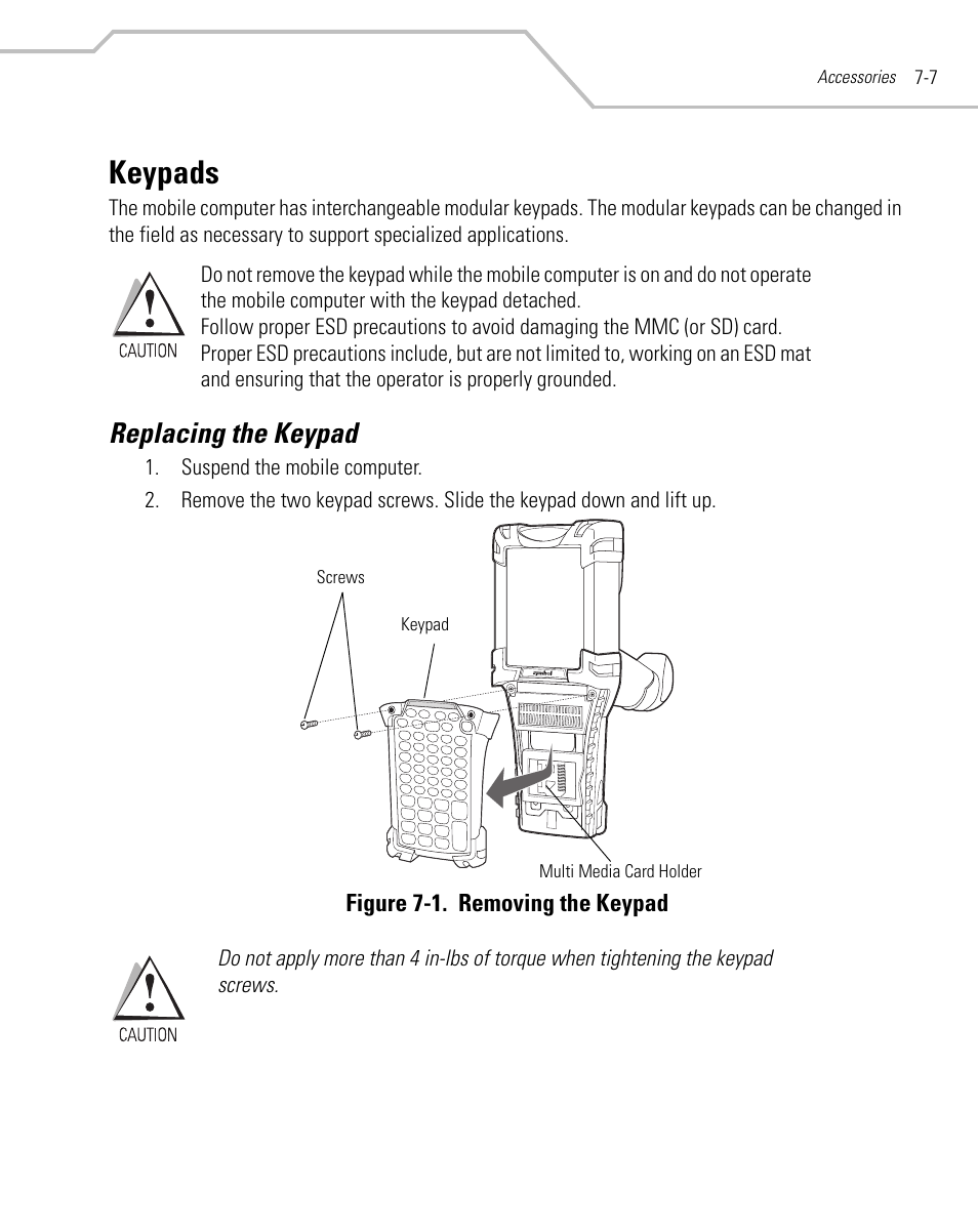 Keypads, Replacing the keypad, Keypads -7 | Replacing the keypad -7, For ins | Symbol Technologies MC9000-K User Manual | Page 263 / 534
