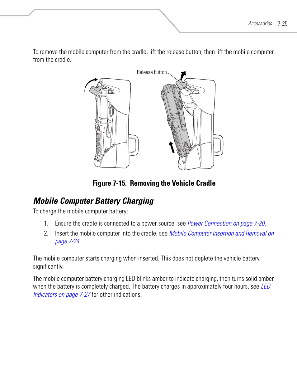 Mobile computer battery charging, Mobile computer battery charging -25 | Symbol Technologies MC9000-K User Manual | Page 281 / 534