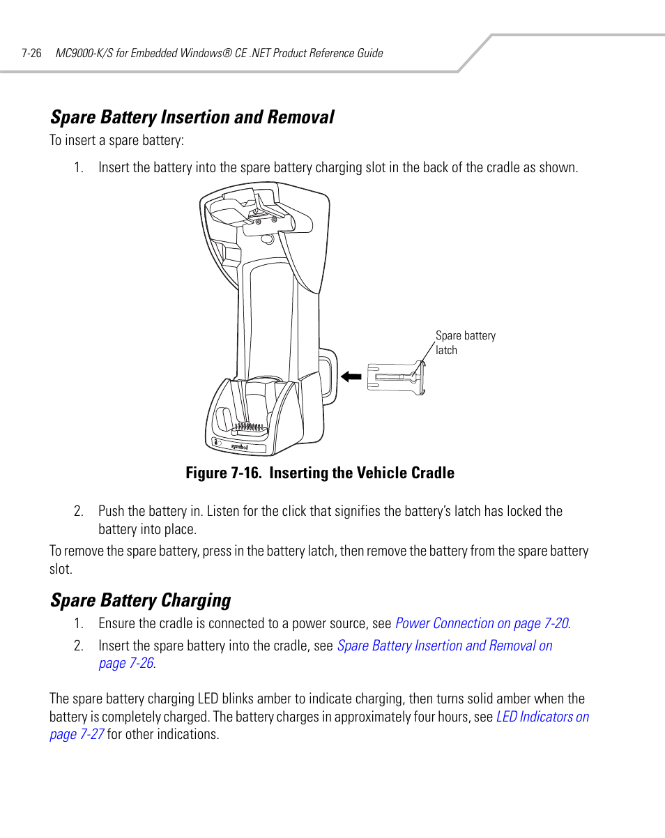 Spare battery insertion and removal, Spare battery charging, Spare battery insertion and removal -26 | Spare battery charging -26 | Symbol Technologies MC9000-K User Manual | Page 282 / 534