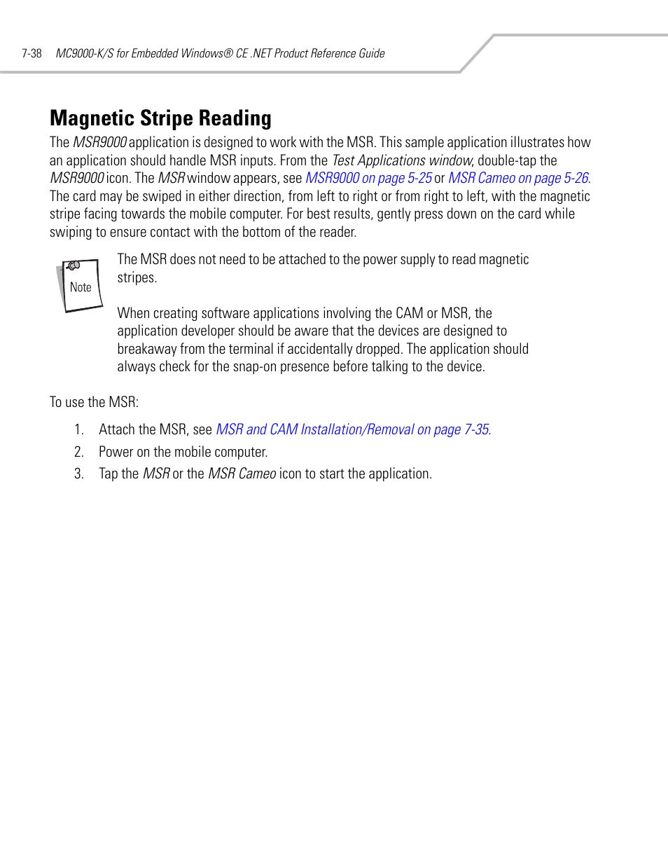 Magnetic stripe reading, Magnetic stripe reading -38 | Symbol Technologies MC9000-K User Manual | Page 294 / 534
