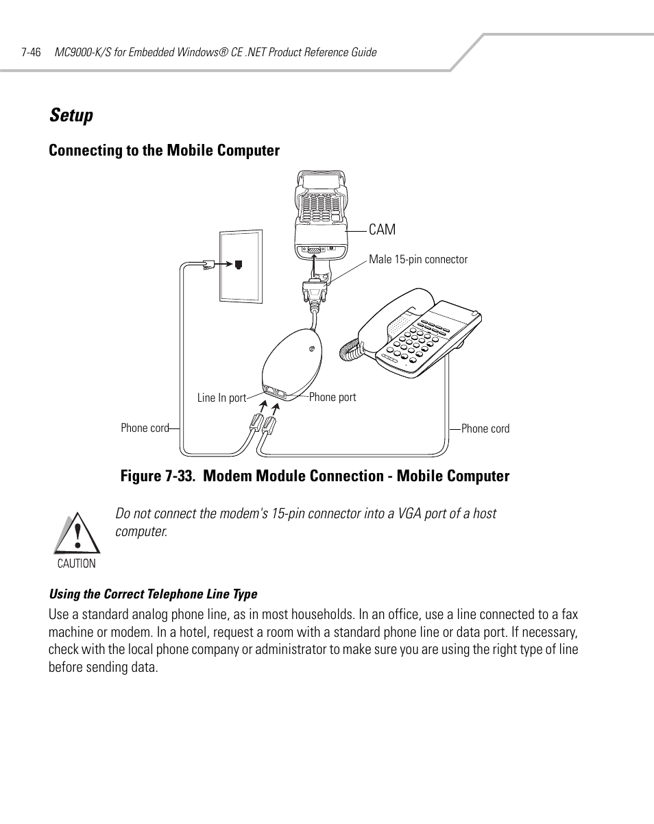 Setup, Connecting to the mobile computer, Setup -46 | Connecting to the mobile computer -46, Using the correct telephone line type | Symbol Technologies MC9000-K User Manual | Page 302 / 534